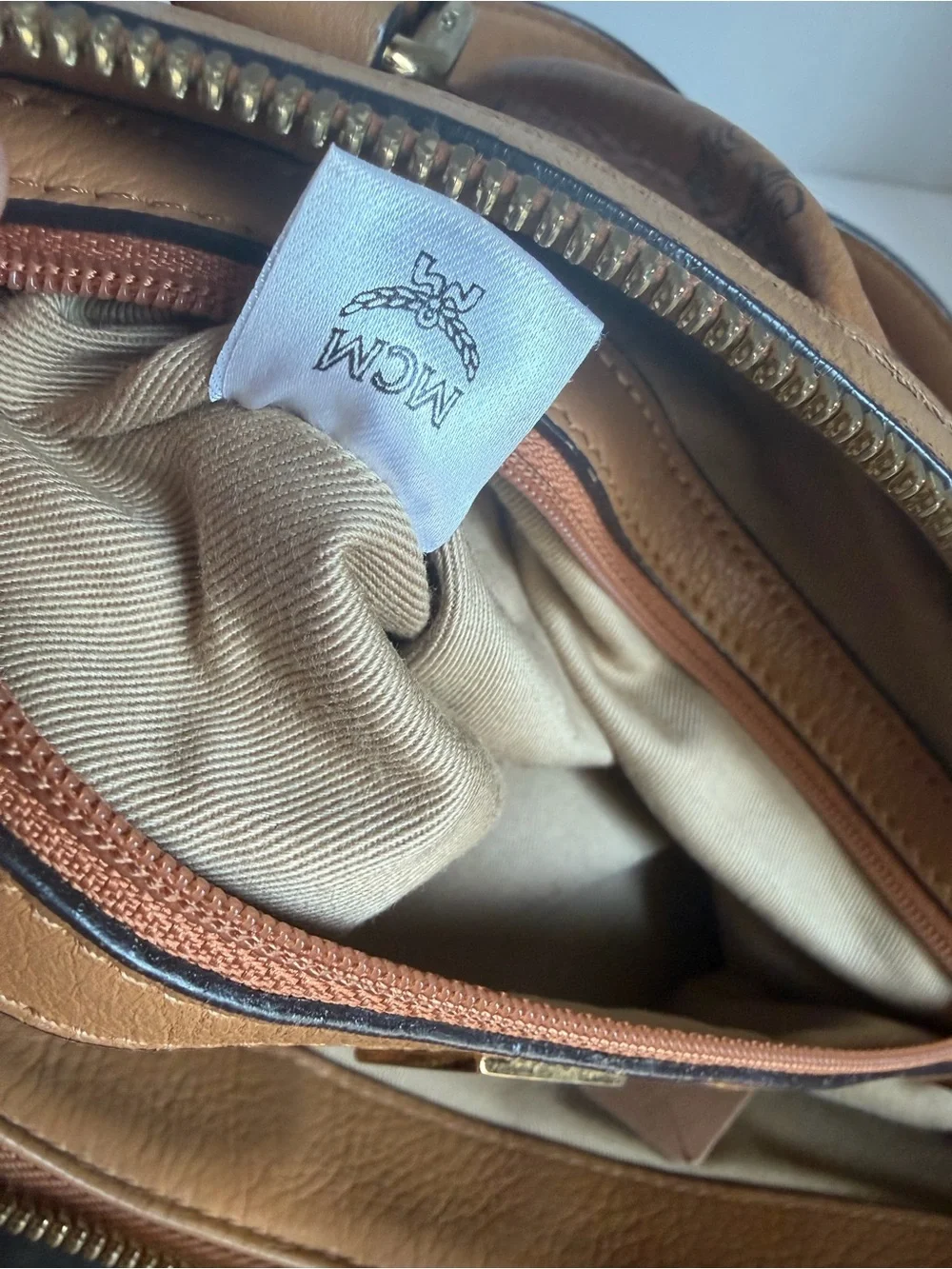 MCM Visetos Cognac Logo Shoulder Bag